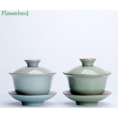 Sancai Gaiwan Lidded Ceramic Porcelain Tea Cup Teaware Ge Kiln Glaze Can Be Raised Tea Set Accessories Teacup Household Tea Cup