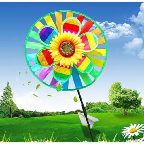 Double Layer Sequin Sunflower Windmill Wind Spinner Colorful Pinwheel Home Garden Yard Decoration