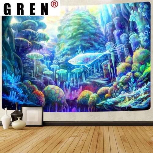 GREN Sea Ocean Fish Dolphin Snake Tapestry Tropical Art Wall Hanging Tapestries for Living Room Bedroom Home Blanket Dorm Decor