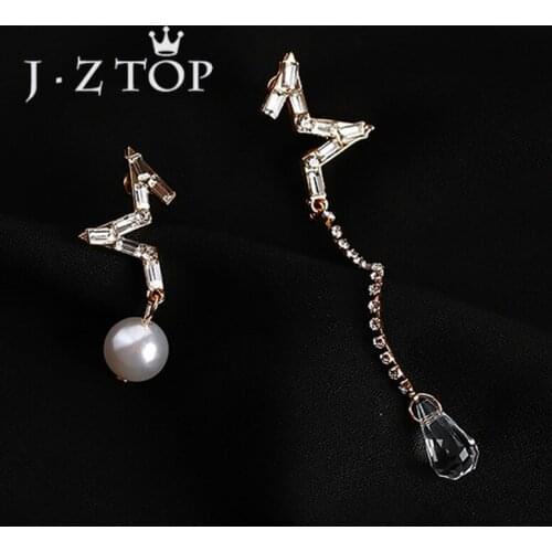 JZTOP Star Crystal Stud Earrings Imitation Pearl Rhinestone Five Pointed Star Asymmetrical Earrings For Woman Oorbellen Jewelry