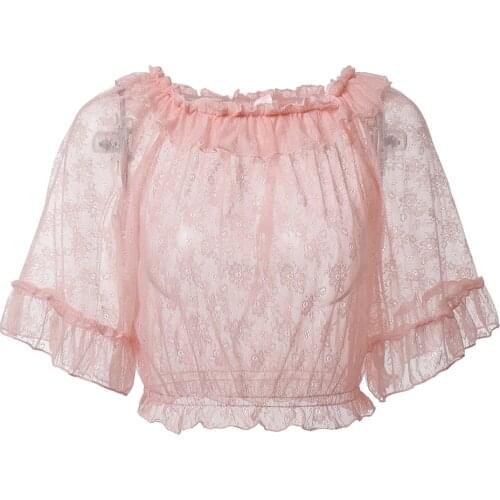 Summer Kawaii Lolita Shirt Girls Female Inside Chiffon Lace Cute Women Blouse