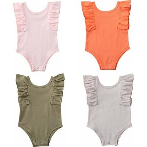 Toddler Baby Girls Summer Clothing Cotton Sleeveless Soild 4 Color Bodysuits Jumpsuits Ruffle Clothes Outfits 0-18M