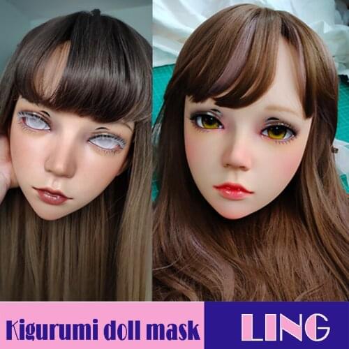 Ling-04)Female Sweet Girl Resin Half Head Kigurumi Mask With BJD Eyes Cosplay Japanese Anime Role Lolita Mask Crossdress Doll