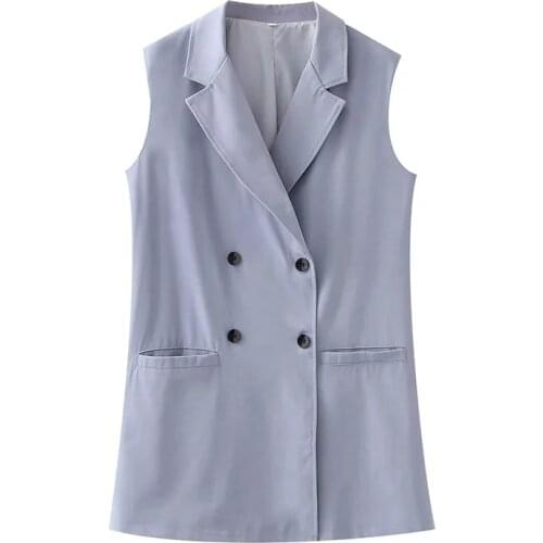 Merodi Women Fashion Double Breasted Pockets Blue Long Outwear Office Lady Casual Sleeveless 2021 New Summer Loose Jacket Vest
