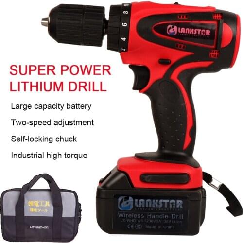 LANXSTAR 36V High-power Cordless Drill with High-capacity Rechargeable Lithium Battery Wireless Electric screwdriver Power Tool