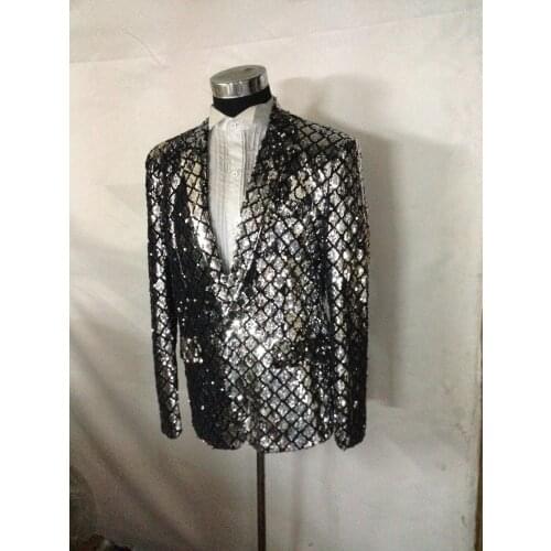 Customized New Fashion Men Black Plaid Blazers Sequined Suit Studio dress nightclub bar singer host stage performance jacket