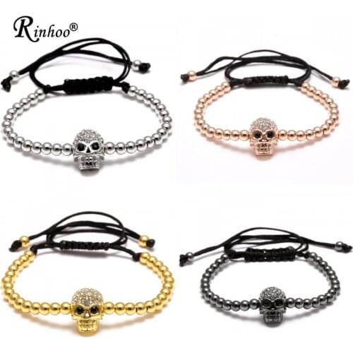 Rinhoo Handmade Beads Skull Head Braided Macrame Charm Wrap Cord Beaded Bracelet Bangles Adjustable Rope Jewelry For Men Women