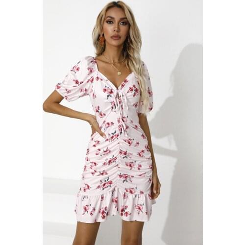 Summer Dress Women Print A-Line Dresses Shrinkage Ruffles Bandage Short Sleeve Mini Dress For Woman Vestido De Mujer Robe Femme
