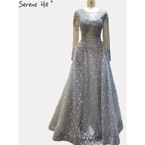 Grey Luxury O-Neck Crystal Flowers Prom Dresses 2020 Dubai Long Sleeves A-Line Prom Gowns Serene Hill BLA70005