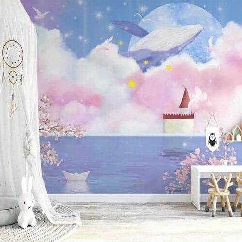 Custom Photo Wallpaper Nordic Ins Hand-painted Artistic Color Cloud Whale Mural Childrens Room Background Wall Papel De Parede