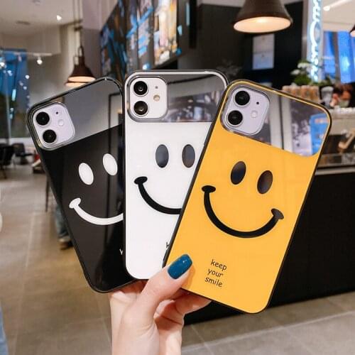 Luxury Cute Smile Tempered Glass Phone Case For iPhone 13 12 11 Pro Max XSmax XR X SE 8 7 Plus Ultra-thin Mirror Silicone Cover