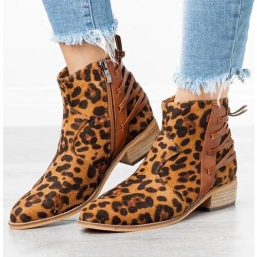 2021Women Ankle Boots Pointed Toe Leopard Boots for Woman Zip Shoes Autumn Female Sewing Suede Womens Low Heels Lady Big Size
