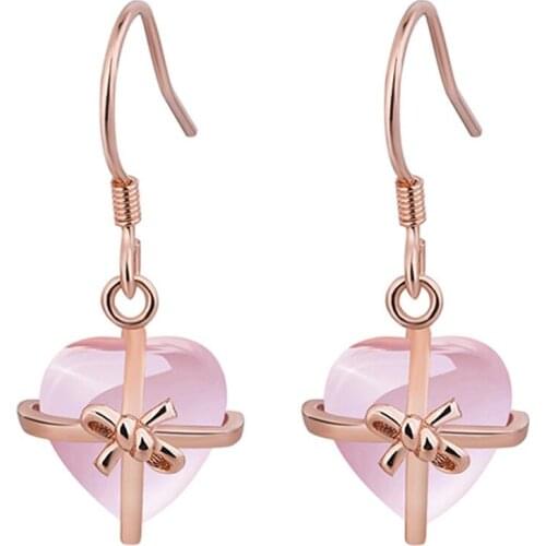 FYJS Unique Rose Gold Color Love Heart Pink Quartz Drop Earrings for Elegant Women Romantic Style Jewelry