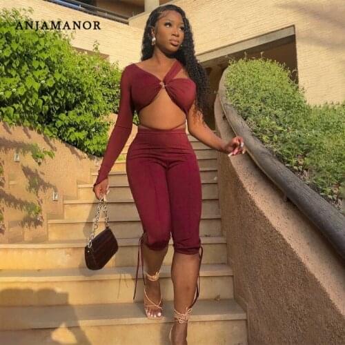 ANJAMANOR Sexy Club Bodycon Outfits Two Piece Set Women One Shoulder Long Sleeve Top and Pants Going Out Matching Sets D16-CZ23