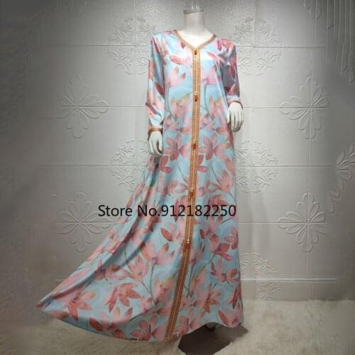 Womens Long Muslim Dress Turkey Dubai Fashion Abayas Printed Floral Boho Robe Moroccan Oriental Dress Jelaba Femme Musulman