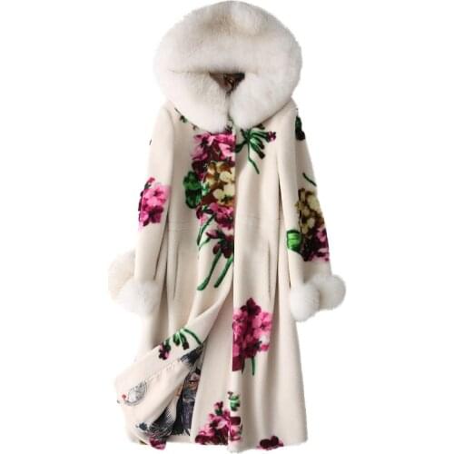 Sheep Shearling Female Fox Fur Collar Real Wool Coats 2020 Winter Jacket Women Floral Korean Long Coat MY