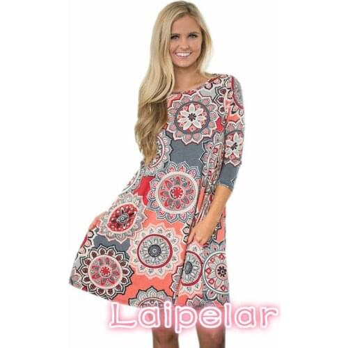 Midi Dress Women Print O Neck Mini Dress Tunic Mini Party Dresses Three Quarter Sleeve Casual Dresses Vestidos De Fiesta