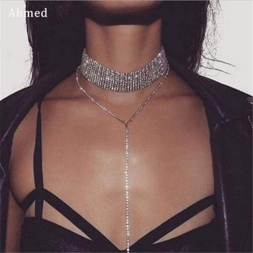 Ahmed Simple Multi-storey Full Crystal length Choker Necklace For Women New Fashion Jewelry Chain Collier Femme