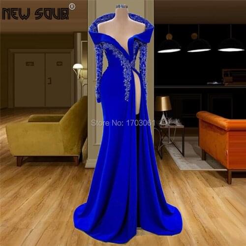 Royal Blue Mermaid Beading Formal Evening Dresses Kaftans Saudi Arabic 2020 Couture New Party Gown Crystal Prom Dress For Dubai