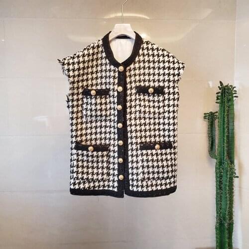 Houndstooth Plaid Tweed Vest Women Golden Buttons Patchwork Vintage Waistcoat Autumn Winter Sleeveless Pockets Harajuku A356