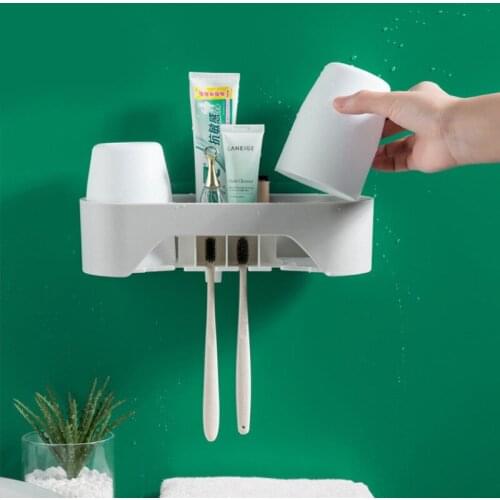 Toothbrush Holder Bathroom Storage Organizer Rack with Hooks Wall Mounted No Drilling Toothbrush and Toothpaste Squeezer Kit
