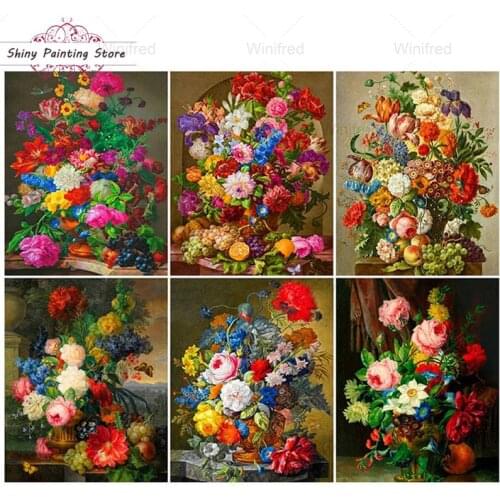 5D Diamond Painting Blooming Flower Basket Vase Cross Stitch Retro Oil Painting Floral Full Drill Diamond Embroidery Decoration