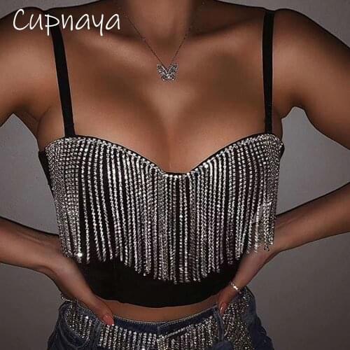 Cupplee Diamante Fringes Women Spaghatti Strap Crop Toe Sexy Ladies Black Bustier Short Bralet Vest Dance Corset Underwear