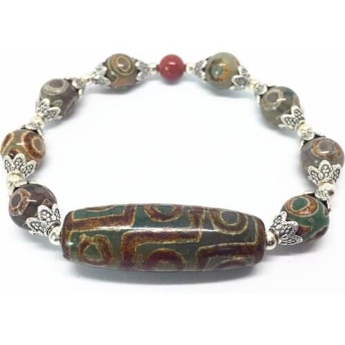 Green Natural Agate 9 eyes Pattern Tibetan Dzi Beads elastic Bracelet with accessory for women free shipping