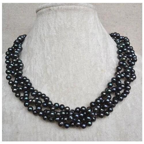 Classic Favorite Pearl Wedding Necklace 4 Rows 6-7mm Black Real Freshwater Pearl Necklace Handmade Fine Women Gift