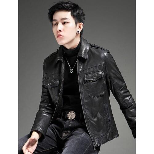 Sheepskin Genuine Leather Clothes Men Fashion Retro Slim Fit Motorcycle Clothing Jacket Coat
