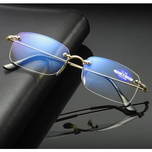 Male Female Rimless Square Reading Glasses Anti Blue Light Magnification Presbyopic Glasses Diopter +1.0+1.5+2.0+2.5+3.0+3.5+4.0