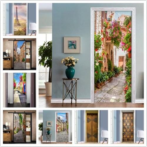 Fresh City Streets Door Wallpaper Vinyl Self Stick Waterproof Door Poster Living Room Bedroom Decorative Wall Sticker Home Decor