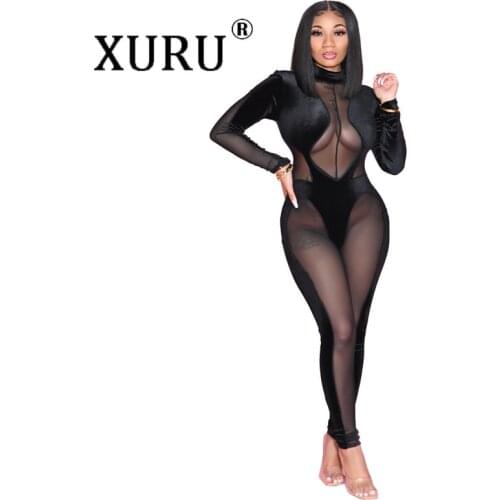 XURU Autumn Womens Mesh Jumpsuit Sexy Gold Velvet Stitching Jumpsuit European and American Womens Jumpsuit