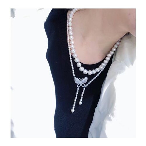 Hand knotted natural 2rows white freshwater pearl butterfly accessories necklace fashion jewelry
