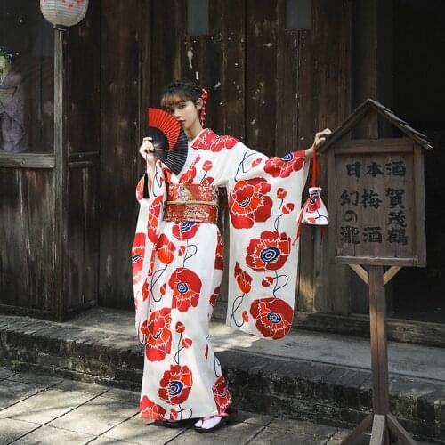 Womens Traditional Japanese Kimono Red Flower Prints Long Sleeve Japan Style Yukata Cosplay Dress Stage Performing Wear