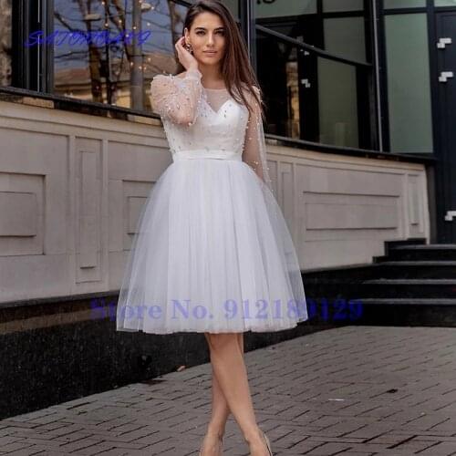 2021 White Pearls Short Wedding Dresses Sheer Sweetheart Knee Length A Line Beach Bridal Gowns Robe De Mariée Vestidos Sukienka