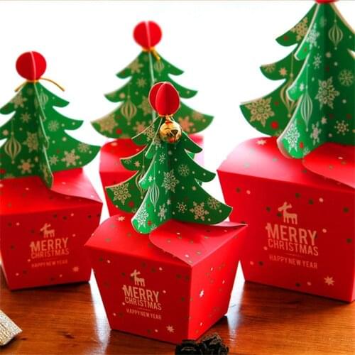 50pcs/lot Hot Sale Christmas Tree Packing Box Favor Bag Gift Cookie Candy Box Apple Boxes with Bells Party Decoration Child Gift