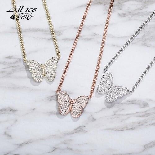 ALLICEONYOU New High Quality Iced Out Cubic Zirconia Butterfly Pendant&Necklace Hip Hop Fashion Jewelry For Women Gift