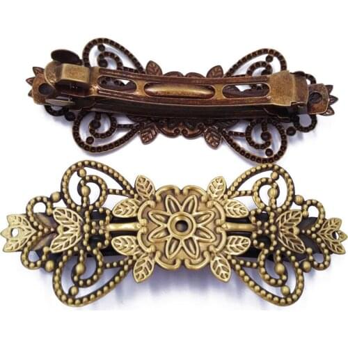 Antique Bronze 60pcs 31x79mm Filigree Blank Settings Metal Barrette Hair Clips Findings for Jewelry Making HBF13