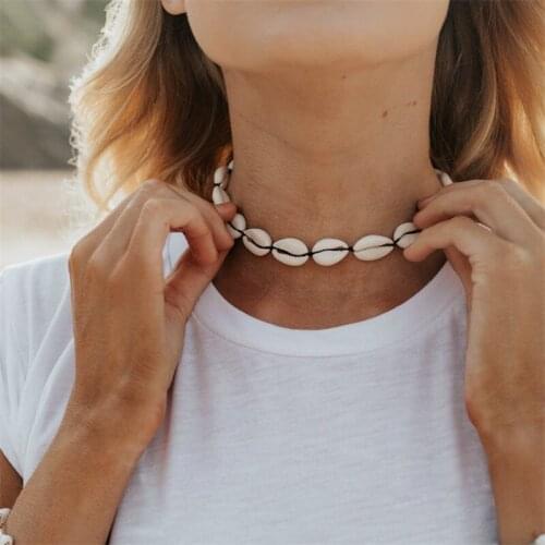 Cowrie Shell Choker Necklace Beach Bridal Boho Minimalist for Women Adjustable Cord Seashell Jewellery Surfer Rustic Shell KL39F