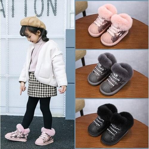 DOGEEK #21-37 Children Ankle Short Snow Boots Princess Flat Winter Boots Plush Fur Velvet Boutique Shoes Boys Girls Booties
