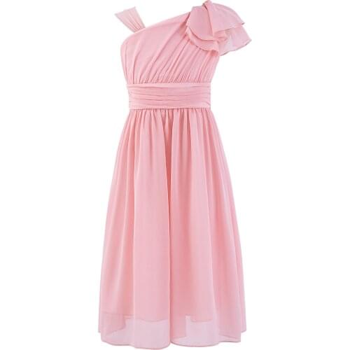 Kid Flower Girls Wedding Dress Children Ruffle One Shoulder Chiffon Dresses For Girl Princess Evening Birthday Party Dress 4-14Y