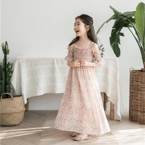 DFXD Children Clothing 2018 Summer Teens Girl Long Sleeve Off Shoulder O-neck Floral Print Chiffon Dress Girls Beach Dress 3-13Y