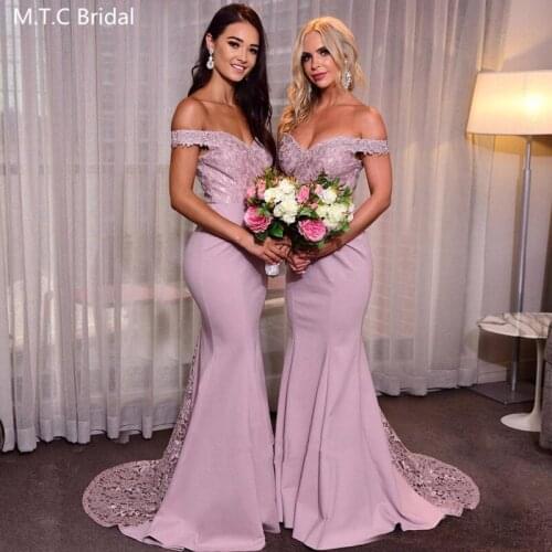 Graceful Long Mermaid Bridesmaid Dresses Off The Shoulder Elastic Satin Lace Plus Size Maid Of Honor Dress Robe De Soiree Cheap