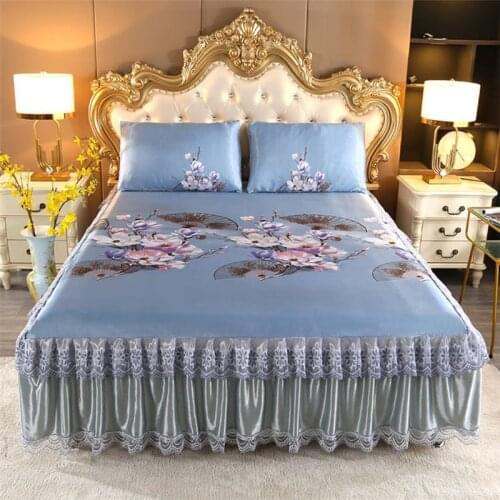 Summer Bedding Set With 2pcs Pillowcase Bed Sheet Ice Silk Bed Skirt King/queen Bed Sheet Bedspread Bed Cover Double Hot F0509