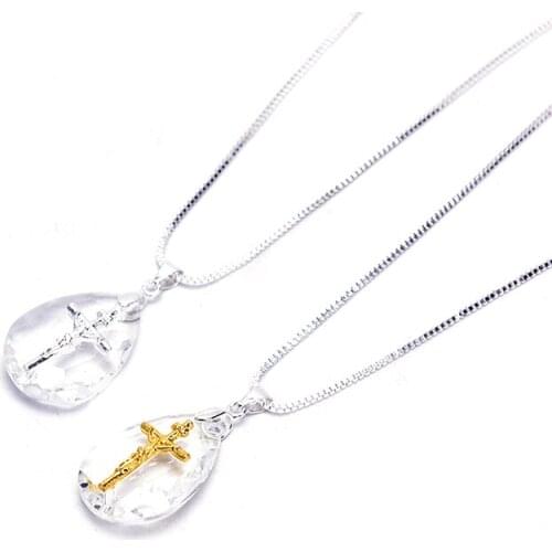 Fashion Crystal Diamond Teardrop Pendant Necklace Chic Jesus Cross Pendant Necklace