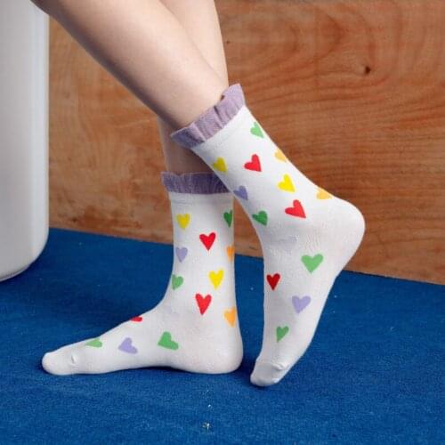Women Socks Heart Prints Flower strawberry Pattern Loose Ruffle Socks White Cotton Cute Sexy Short Socks Harajuku Sock Woman Sox