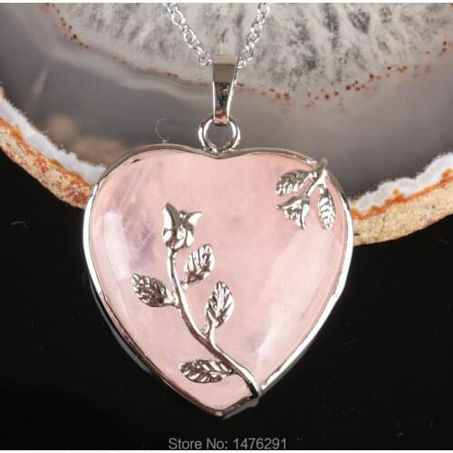 New Natural Rose Crystal Heart Shaped Inlaid Flower Jewelry Pendants 1PCS Gift for Women