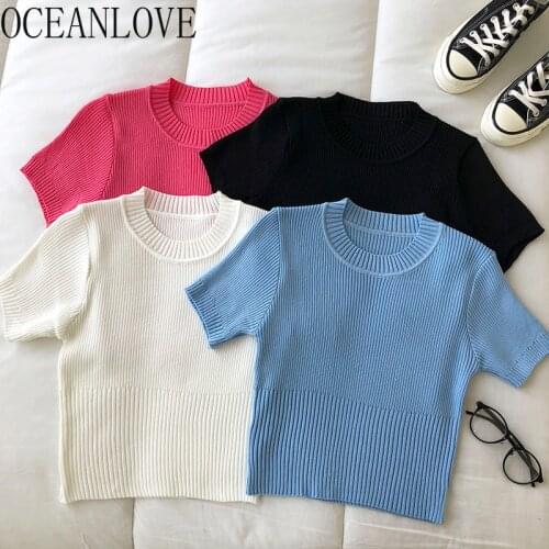 OCEANLOVE Knitted Woman T Shirt Solid Short Sleeve O Neck Slim Stretch Ropa Mujer 2021 Sprring Summer Tops Tee Sexy Korean