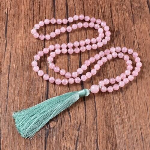 Fashion Bohemian Tribal Jewelry Rose Quartz with Tassel Necklace 108 Beads Hand Knotted Necklaces Buddhist Yoga Jewelry